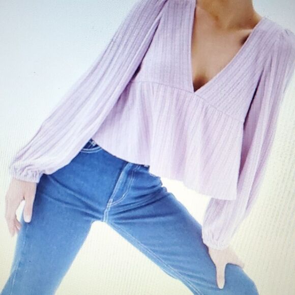 URBAN OUTFITTERS CROPPED BABYDOLL TOP PUFF SLEEVES V-NECK KNIT LILAC MEDIUM - Picture 11 of 11